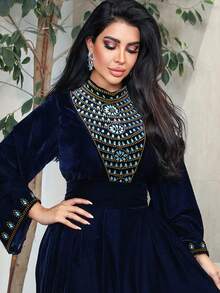 长袖迪拜风格毛绒水钻装饰阿拉伯女式连衣裙 - 藍色 - 查看 4