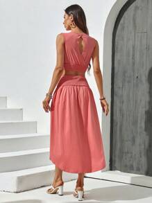 SHEIN Essnce Women Casual And Cool Breathable Hollow Out Mesh Tank Top And Split Skirt Two-Piece Set For Summer