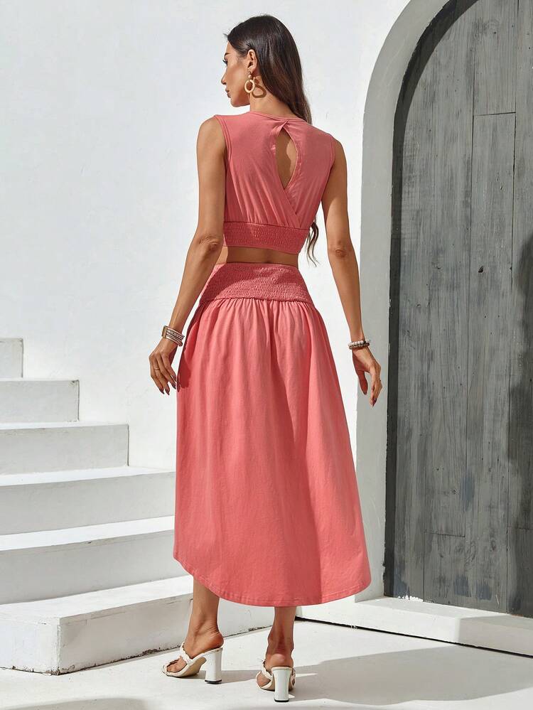 Women Casual And Cool Breathable Hollow Out Mesh Tank Top And Split Skirt Two-Piece Set For Summer