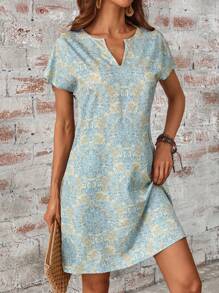 EMERY ROSE Summer Allover Print Notched Neck Batwing Sleeve Tunic Dress - Baby Blue - View 4