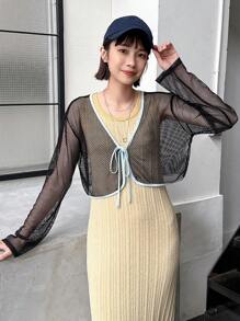 FRIFUL Top transparent à manches longues pour femmes avec empiècement en filet ajouré et nœud devant
