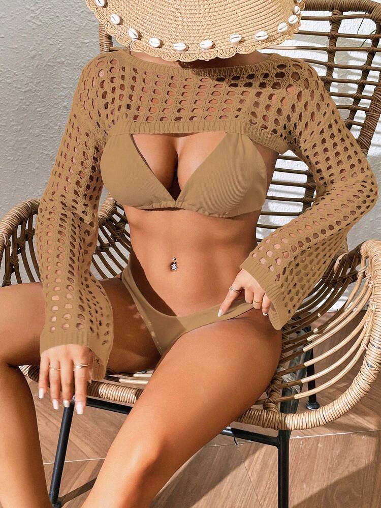 Solid Color Round Neck Ultra Cropped Long Sleeve Knit Top Shrug,Summer Beach