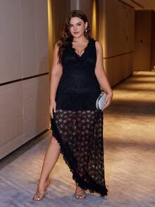 D&M Plus Size Lace V-Neck Ruffle Trim Gathering Long Women Party Dress - Black - View 3