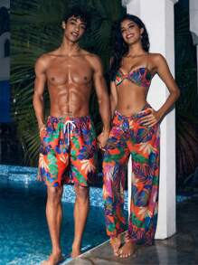 Manfinity Men Vacation Leisure Plant Printed Swim Trunks For Pool And Beach