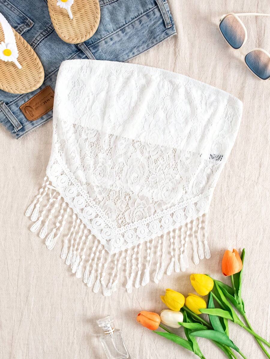 SHEIN VCAY 音樂節夏季假期單色花邊搖擺邊露肩上衣 - 白色 - 查看 1