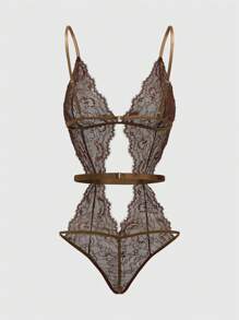ROMWE Goth 睫毛蕾丝镂空设计连体性感内衣，情人节必备 - 棕色 - 查看 2