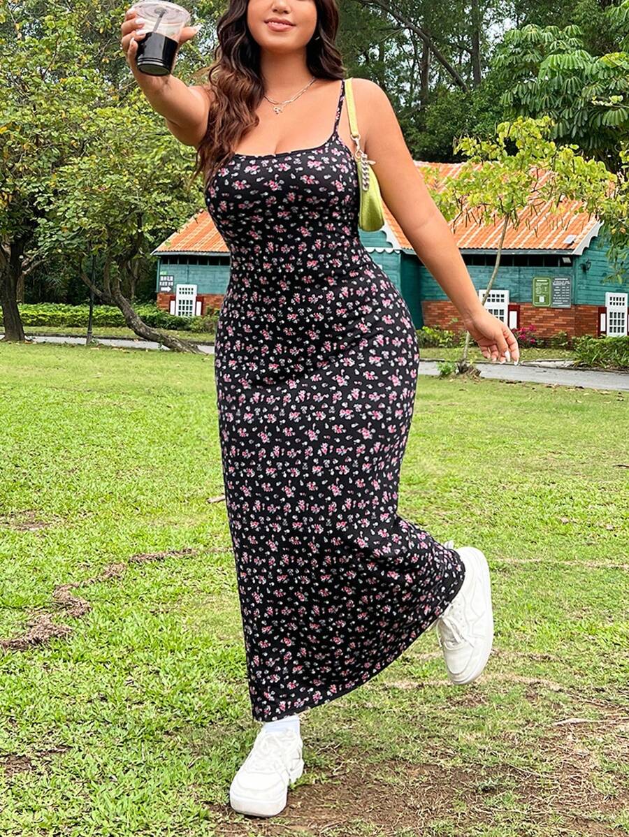 SHEIN EZwear 大碼夏季細肩帶彈力長款復古花卉印花連衣裙 - 黑色 - 查看 1