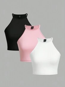 SHEIN EZwear 3pcs/Set Summer Casual Ribbed Scoop Neck Slim Fit Tank Tops For Women