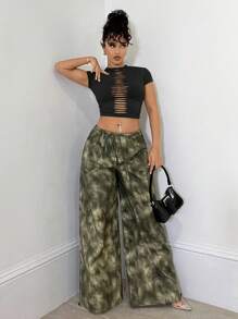 SHEIN BAE 單色磨損空心緊身卡其色上衣，廢墟風格，春夏服裝，音樂節服裝，演唱會服裝，日常穿著，萬用服裝，鄉村音樂會裝扮 - 黑色 - 查看 6