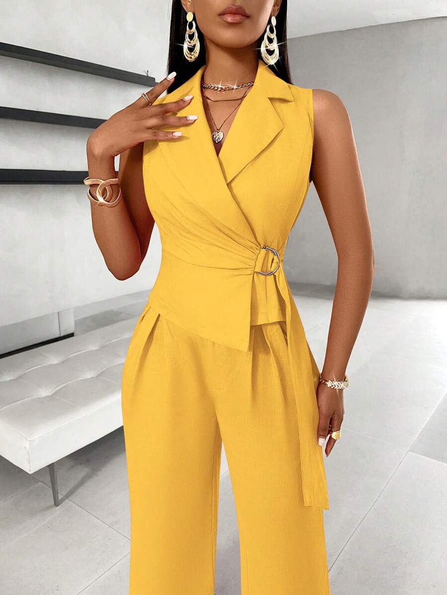 Zolique 西裝馬甲外套無袖腰部金屬環長薄腰帶H型皺摺直腳西裝褲休閒職業優雅通勤玫瑰紅色套裝 - 黃色 - 查看 1