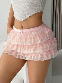 Sweetina Multi-Layer Lace Spliced Cake Low-Waisted Ultra Shorts - Pink - View 2