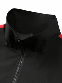 Manfinity Hypemode Herren Frühlings- und Herbst-Lässig Kontrastfarben bedruckter Buchstaben Reißverschluss Stehkragen Jacke, leichte Jacke zum Ausgehen mit Farbblock in Schwarz und Langarm, als Geschenk für Freunde, Ehemann, Freund