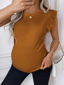 SHEIN Maternity Round Neck Solid Color Simple And Versatile Spring/Summer T-Shirt - Brown - View 5