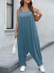 EMERY ROSE Plus Size Fashionable Summer Jumpsuit With Versatile Style And Buttoned Crotch - Baby Blue - View 5