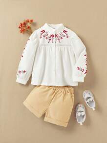 SHEIN Young Girl Floral Embroidered Long Sleeve Top And Solid Color Shorts 2-Piece Set