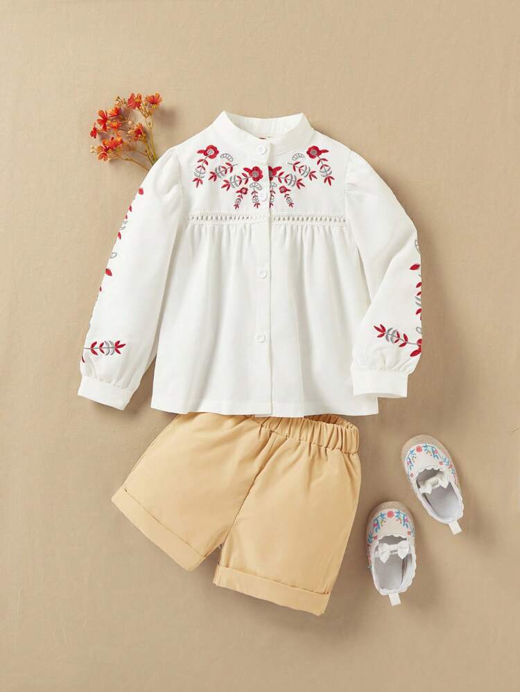 Young Girl Floral Embroidered Long Sleeve Top And Solid Color Shorts 2-Piece Set