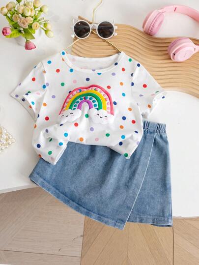 SHEIN Genkimix Kids Young Girl Back To School Season Casual Cute Round Neck Regular Sleeves Colorful Polka Dot Rainbow Printed T-Shirt And Plain Denim Skort Set Summer Summer Holiday