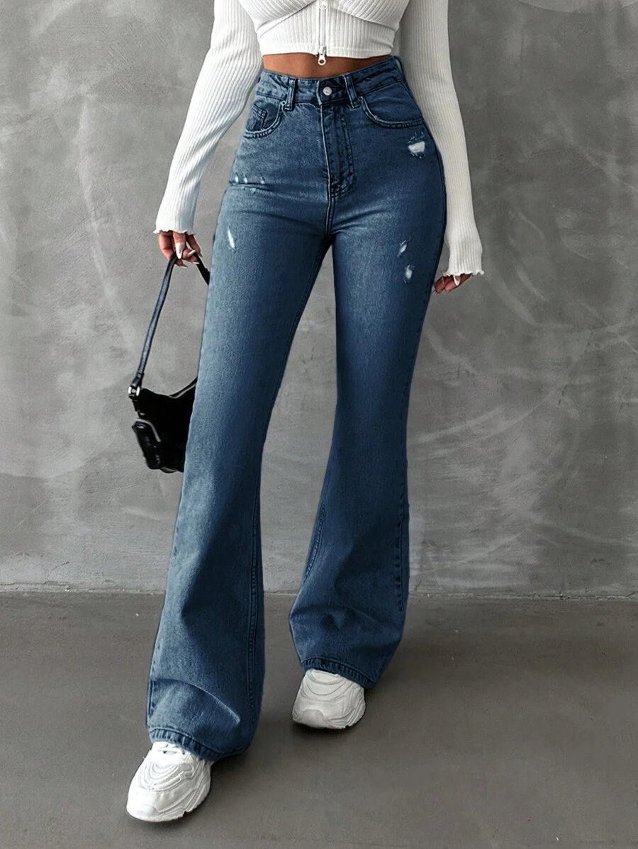 Cottnline Casual Distressed Flared Jeans (Slim Fit) - Medium Wash - View 1