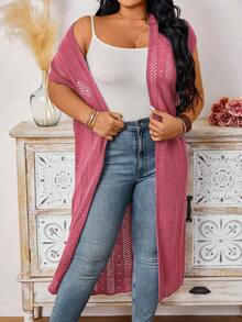 Calvaya Cardigan de talla grande primavera/verano suelto largo de mangas murciélago abierta al frente con diseño calado - Rosa Fucsia - Ver 3