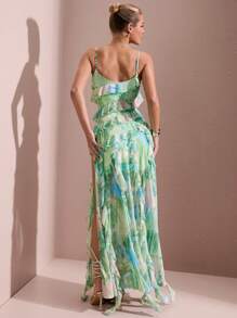 SHEIN BAE Ladies' Sweet Printed Mesh Spaghetti Strap Long Dress With High Side Slits And Ruffle Hemline, Perfect For Beach Vacation - Green - View 2