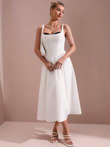 SHEIN BAE Áo Corset Bodycon không tay màu trắng tinh khiết mùa hè với chi tiết cúp ngực màu tương phản, lý tưởng cho váy dự tiệc tốt nghiệp - trắng - Xem 3