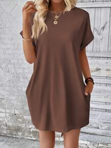 Vaclyn Solid Color Round Neck Short Sleeve Dress With Pocket For Summer - Brown - View 3