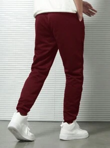 EURMUSE Men Solid Color Drawstring Waistband Pocket Cargo Shorts - Burgundy - View 2