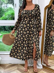 Breezaya Plus Size Women Summer Holiday Style Sweetheart Neckline Flared Cuff Front Tie Side Slit Maxi Elegant Dress