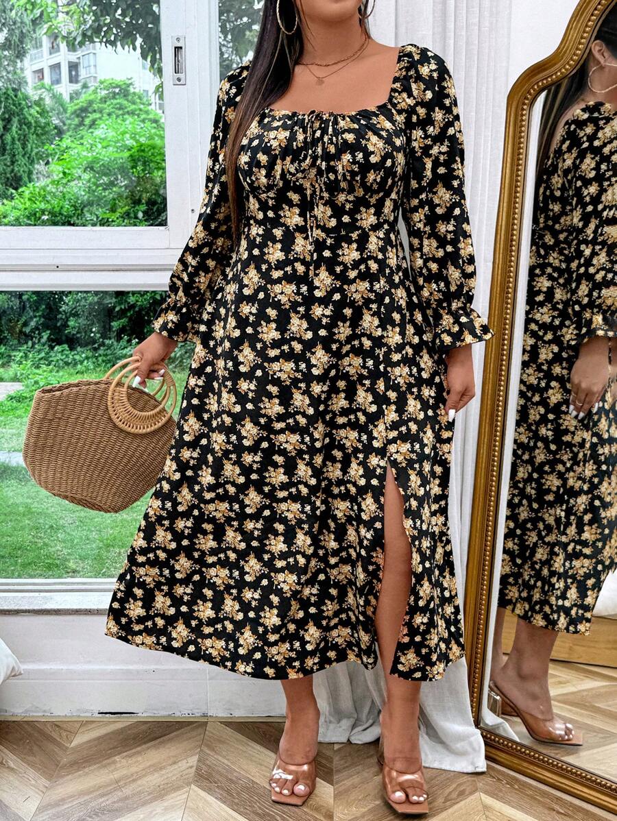 Breezaya Plus Size Women Summer Holiday Style Sweetheart Neckline Flared Cuff Front Tie Side Slit Maxi Elegant Dress