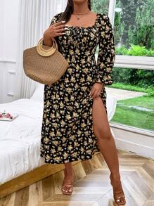 Breezaya Plus Size Women Summer Holiday Style Sweetheart Neckline Flared Cuff Front Tie Side Slit Maxi Elegant Dress