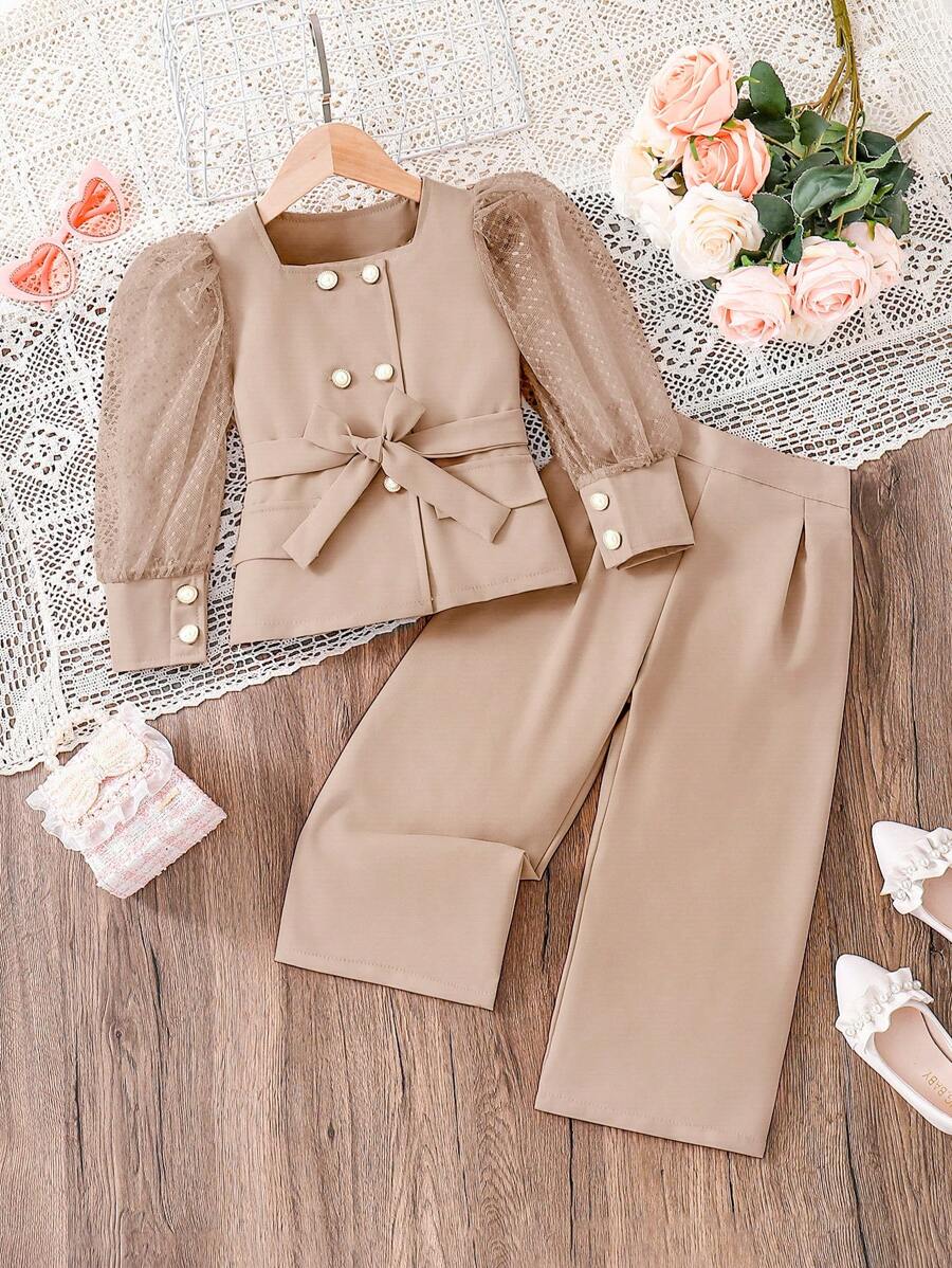 Young Girl 1pc Cartoon Astronaut & Moon Design Printed Basic Round Neck Puff Sleeve T-Shirt - Apricot - View 1