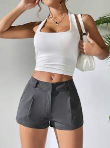 SHEIN EZwear Quần short cài nút màu trơn có túi cho mùa hè - Màu xám đen - Xem 5