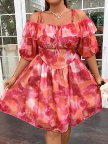 Flirla Plus Size Women's Elegant Ruffle Tie-Dye Printed Patchwork Ruffle Hem Dress For Summer - Multicolor - View 5