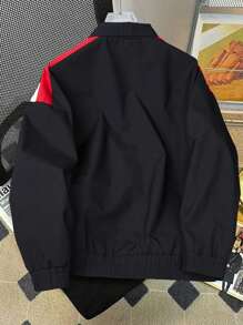 Manfinity Hypemode Herren Frühlings- und Herbst-Lässig Kontrastfarben bedruckter Buchstaben Reißverschluss Stehkragen Jacke, leichte Jacke zum Ausgehen mit Farbblock in Schwarz und Langarm, als Geschenk für Freunde, Ehemann, Freund