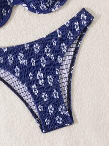 SHEIN Swim Floral Printed Shoulder Strap Spaghetti Strap Bikini Set For Summer, Push-Up Design With Underwire Support, Summer Beach - Navy Blue - View 4