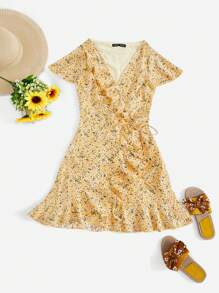 Soleia 小碎花荷葉邊細節圍裹腰帶連衣裙 - 彩色 - 查看 1