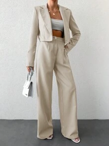 EURMUSE Women Short Blazer Collar Work Wear Jacket With Matching Suit Pants - Suit Set - Beige - View 3