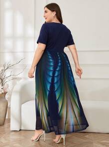 Modelyn Plus Size Women Double Layered Peacock Printed Short-Sleeved Dress Women Outfit Long Dress, For Summer - Navy Blue - View 2