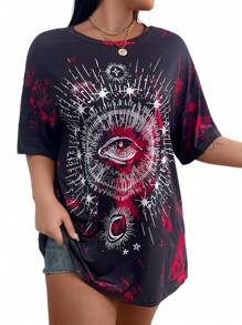 Flirla Plus Size Eye And Star/Moon Printed T-Shirt Graphic Tees Women Tops - Multicolor - View 1