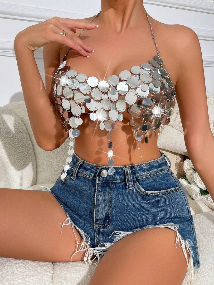 性感露背亮片迷你吊带上衣，夏季 - 銀色 - 查看 1