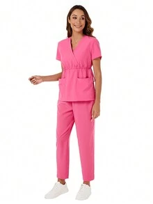 Drawstring Short Sleeve Top And Elastic Waistband Pants Scrub Uniforms Nurse Set - Pink - View 4