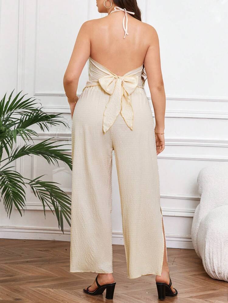 Plus Size Women Summer Solid Color Asymmetric Hem Halterneck Vest And Loose Wide Leg Pants Elegant Set