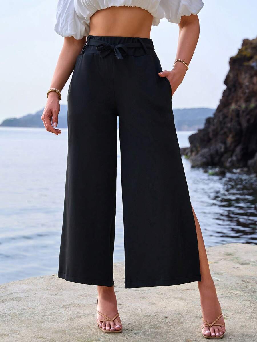 RueChic Women Cut Out Split Ribbon Waist Pants - Black - View 1