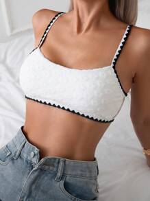 SHEIN Swim 女士夏季海灘對比邊緣凸花比基尼上衣 - 黑與白 - 查看 3