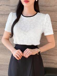 DAZY Áo sơ mi nữ tay ngắn rộng rãi màu tương phản, cổ tròn và thắt nơ, mùa hè, áo crop top nữ - trắng - Xem 6