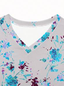 Women Floral Print Dual Pocket Side Slit Scrub Top - Multicolor - View 5