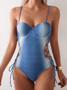 SHEIN Swim Traje de baño para mujeres con cordones de encaje y estampado en la parte superior