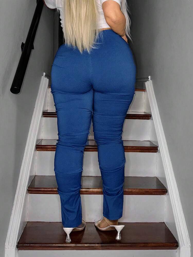 Plus Size Women High Waist Slimming Horseshoe Pants With Design Sense, Denim Effect, Suitable For Summer, Date Night, Birthday, Bachelorette Party, Casual, Shopping, Streetwear, Going Out, Vacation, Beach, Easy To Match&Looks Slim, Flatter The Figure