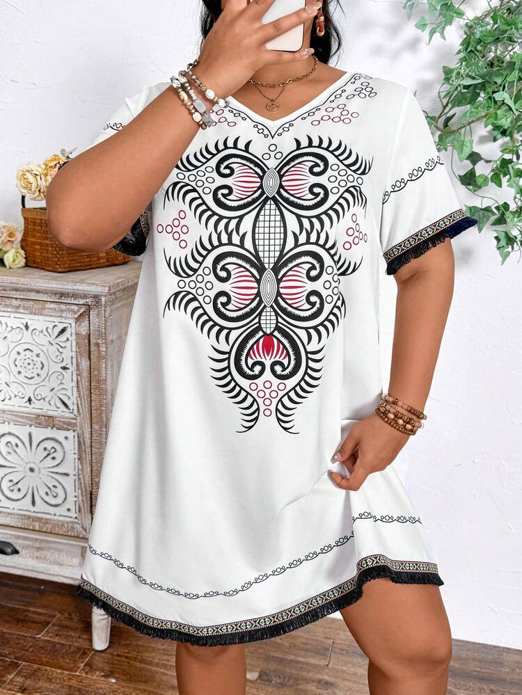 Plus Size Holiday Leisure Printed A-Line Loose Short Sleeve Dress