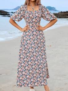 Mulvari Vestido árabe de manga abullonada con estampado floral completo para mujer